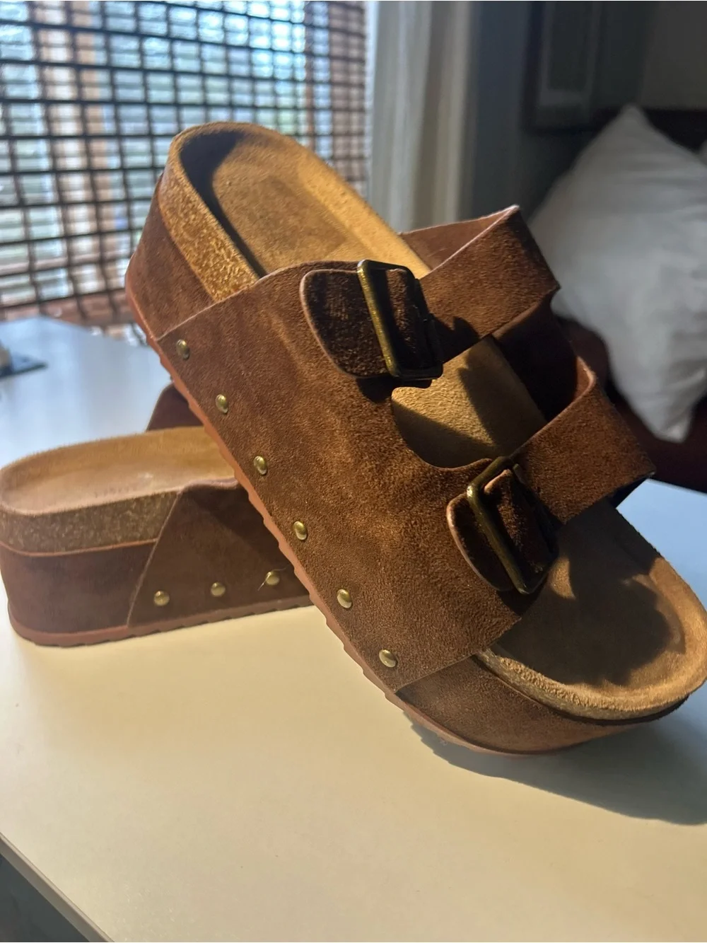 NWOB Brown Suede Double Buckle Platform Slide Sandals